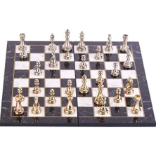 Gift Home Metal Klasik Satranç Takımı Parlak  ve Katlanır Mermer Desenli MDF Ahşap Satranç Tahta (43x43 cm.)