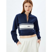 Koton Crop Sweatshirt Yarım Fermuar Detaylı Renk Bloklu Üç Iplik Şardonlu