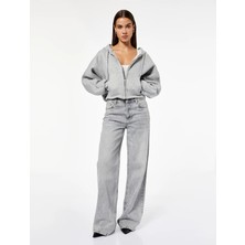 Şardonlu Kapüşonlu Baskılı Simli Cep Detaylı Fermuarlı Sweatshirt