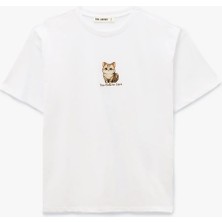 Koton Kısa Kollu Bisiklet Yaka Pamuklu Kedi Nakışlı Oversize Tişört