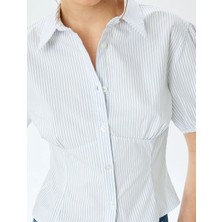 Koton Slim Fit Balon Kollu Çizgili Düğmeli Crop Gömlek