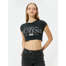 Koton Crop Baskılı Tişört Bisiklet Yaka Kısa Kollu Pamuklu Slim Fit