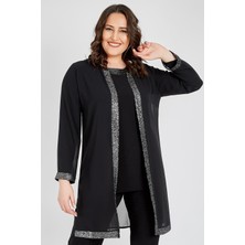 Ladies First Büyük Beden 3717 Siyah Gümüş Ceket+Bluz İkili Takım Şık ve Rahat Kadın Stili