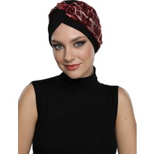 ELYSIANfidan Özel Tasarım Siyah Bej-Bordo Pullu Fileli Etnik Desenli Astarlı Hazır Türban Tesettür Abiye Bone