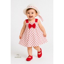 Babyden's Kız Bebek Kalp Desenli Fiyonklu Yazlık Elbise Şapkalı Takım - Kırmızı Beyaz Pamuklu Bebek Elbisesi