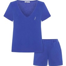 Jaya Pamuklu V Yaka Kısa Şortlu Pijama Takımı / Saks Mavisi