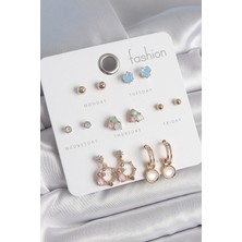 Renas Store Pirinç Gold Renk Zirkon Taşlı Sallantı Halka Figür Detay 7 Çift Kadın Küpe