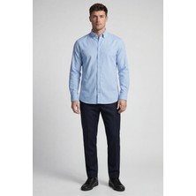 Bisse Regular Fit Uzun Kol Keten Paşa Yaka Cepsiz Mavi Erkek Gömlek BSGMKTN25325_D35