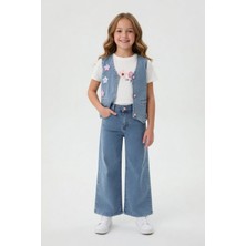 Cansın Mini Mavi Sıfır Kol Jean Yelekli Geniş Paça Pantolonlu Nakışlı Kız Çocuk 3lü Takım 24019