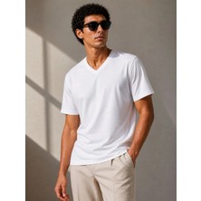 MidasTech Erkek V Yaka Basic Tişört Kısa Kol Yazlık Regular Fit T-Shirt - Beyaz