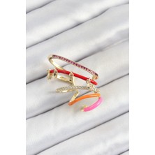 Renas Store Pirinç Zirkon Taşlı Kırmızı Turuncu Pembe Sıkıştırma Sağ Kıkırdak Gold Renk Kadın Küpe