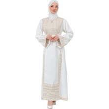 Zaytoon Tesettür Elbise Filistin Nakışlı Modern Beyaz Kaftan Geleneksel Şıklık
