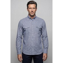 Bisse Regular Fit Uzun Kol Keten Paşa Yaka Indigo Erkek Gömlek BSGMKTN25327_D66
