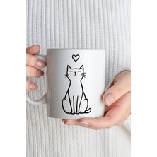 Desene Bak Minimal Kedi Tasarımlı Kupa | Siyah Çizim Kedi Figürlü Porselen Kupa Bardak 330 ml