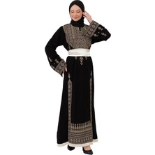 Zaytoon Tesettür Elbise Filistin Nakışlı Modern Siyah Kaftan Geleneksel Şıklık Gold