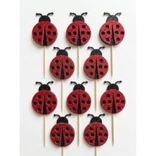 Hediyebigi Uğur Böceği Simli Cupcake Kürdanı Doğum Günü Parti ve Pasta Süsü 10LU 5 cm