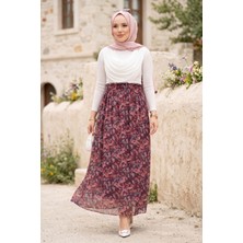 MDS Floral Desenli Beli Lastikli Şifon Tül Etek Mürdüm
