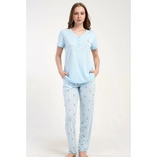 C&city Damla Yaka Yarım Düğmeli Pijama Takımı Açık Mavi-512230