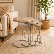 Çelsan Lina 3’lü Yuvarlak Çam Desenli Zigon Sehpa – Cappuccino Metal Ayak