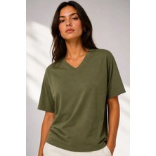 Evyora V Yaka Basic Tişört Kısa Kol Yazlık Regular Fit T-Shirt - Haki