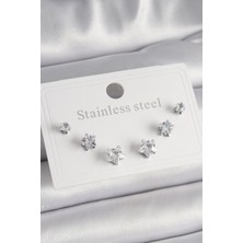 Youday Accessories 316L Çelik Gümüş Renk Zirkon Taşlı Yıldız Model Kadın Küpe Seti