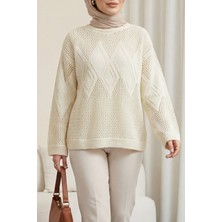 Moda Morfo Önü Ve Kolları Desenli Ajurlu Triko Kazak -Bej