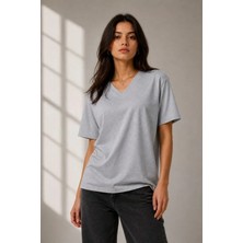 Bet's  V Yaka Basic Tişört Kısa Kol Yazlık Regular Fit T-Shirt - Gri