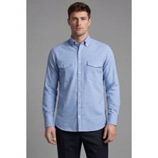 Bisse Regular Fit Uzun Kol Keten Paşa Yaka Mavi Erkek Gömlek BSGMKTN25327_D35