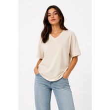 Giyimodam V Yaka Basic Tişört Kısa Kol Yazlık Regular Fit T-Shirt - Bej