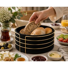 Kitchen Line Gold Detaylı Galvaniz Metal Bezli Yuvarlak Ekmek Sepeti 22X11 cm – Yıkanabilir Kumaşlı Modern Şık Sunumluk
