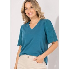 Mamayaga Kadın V Yaka Kolları Güpürlü Curve Büyük Beden Spor Şık %100 Cotton Tshirt Bluz