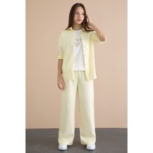 Cansın Mini Sarı Çizgi Desen Gömlekli Geniş Paça Pantolonlu Badili Kız Çocuk 3lü Takım 24080