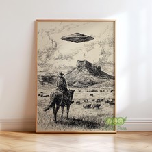 Ninastore Bilim Kurgu Western Duvar Sanatı - Kovboy Ufo Baskısı - Uzaylı Kaçırma Çöl Sahnesi - Vintage