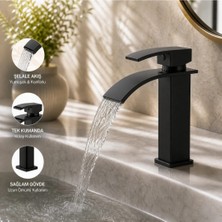 Eshome Mat Siyah Lavabo Bataryası – Şelale Akışlı Modern Banyo Musluğu | Tek Kollu Sabit Lavabo Çift Su Girişli