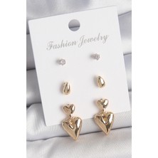 Youday Accessories Pirinç Gold Renk Zirkon Taşlı Sallantılı Kalp Model 3 Çift Kadın Küpe Seti