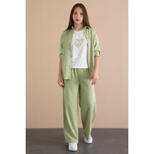 Cansın Mini Yeşil Çizgi Desen Gömlekli Geniş Paça Pantolonlu Badili Kız Çocuk 3lü Takım 24079