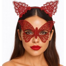 Nemere Gösterişli Kırmızı Dantel Maske ve Taç Seti 7 No – Masquerade ve Davetler Için