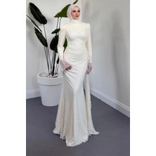 Merven Akyüz Claris Yandan Pelerinli Dantel Abiye Ekru