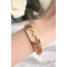 Youday Accessories 316L Çelik Gold Renk Zirkon Taşlı Kadın Kelepçe Bilezik