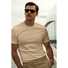 Guaraz Erkek Bej Slimfit Dar Kesim Bisiklet Yaka %100 Organik Pamuk Düz Basic Yazlık T-Shirt