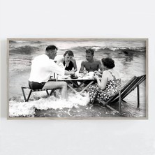 Ninastore Plaj Temalı Çerçeve Tv Sanatı - Plaj Duvar Sanatı - Siyah Beyaz Sanat - Vintage Duvar Sanatı -