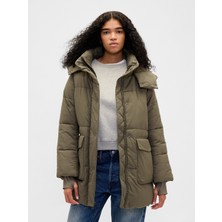 Gap Kadın Haki Faux Fur-Trim Midi Puffer Şişme Mont