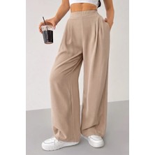 Genius Store Kadın Pantolon Scuba Krep Kumaş Beli Lastikli Cepli Pileli Geniş Paça Palazzo Pantolon