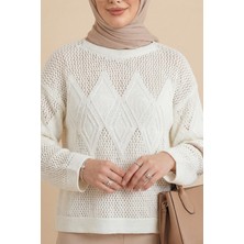 Moda Morfo Önü Ve Kolları Desenli Ajurlu Triko Kazak -Beyaz