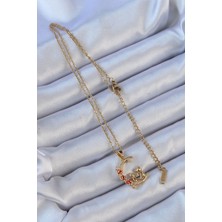 Youday Accessories 316L Çelik Zincir Altın Renk Kırmızı Gül Detay Kedi Figür Zirkon Taşlı Ay Kolye
