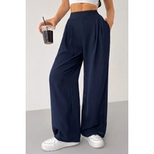 Genius Store Kadın Pantolon Scuba Krep Kumaş Beli Lastikli Cepli Pileli Geniş Paça Palazzo Pantolon