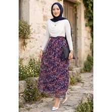 MDS Floral Desenli Beli Lastikli Şifon Tül Etek Lacivert