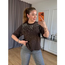 Size Özgü Kahve Ön Taşlı Tshirt 