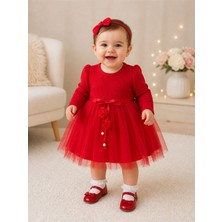 Lina Baby Bloomm Kız Bebek Abiye Elbise Kırmızı Tüllü Fiyonk ve Çiçek Detaylı Prenses Model