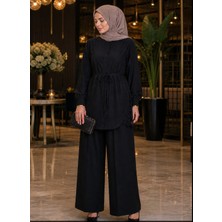 Kadın Yan Dantel Detaylı Bağcıklı Bel Tunik Pantolon Takım Tesettür